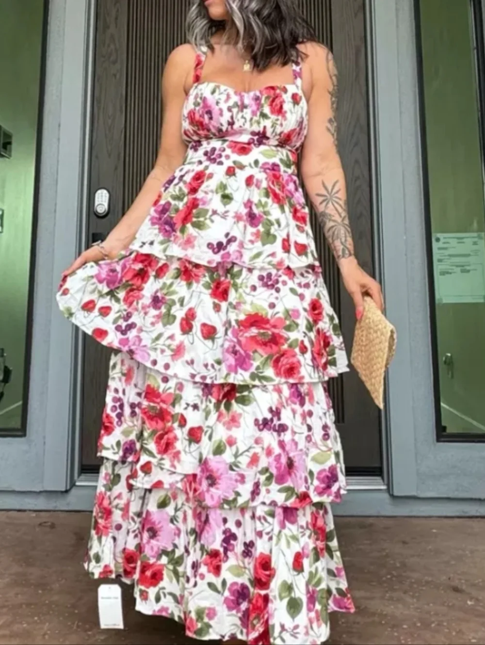 100% Cotton Abercrombie Fitch Floral Tiered Maxi Dress White Pink Floral Sz XL